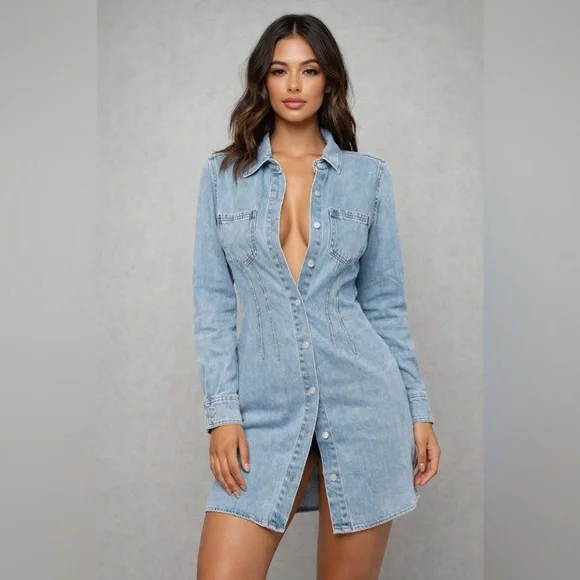 397. Le Lis Long Sleeve Light Wash Denim Button-Down Shirt Dress - Picture 1 of 5